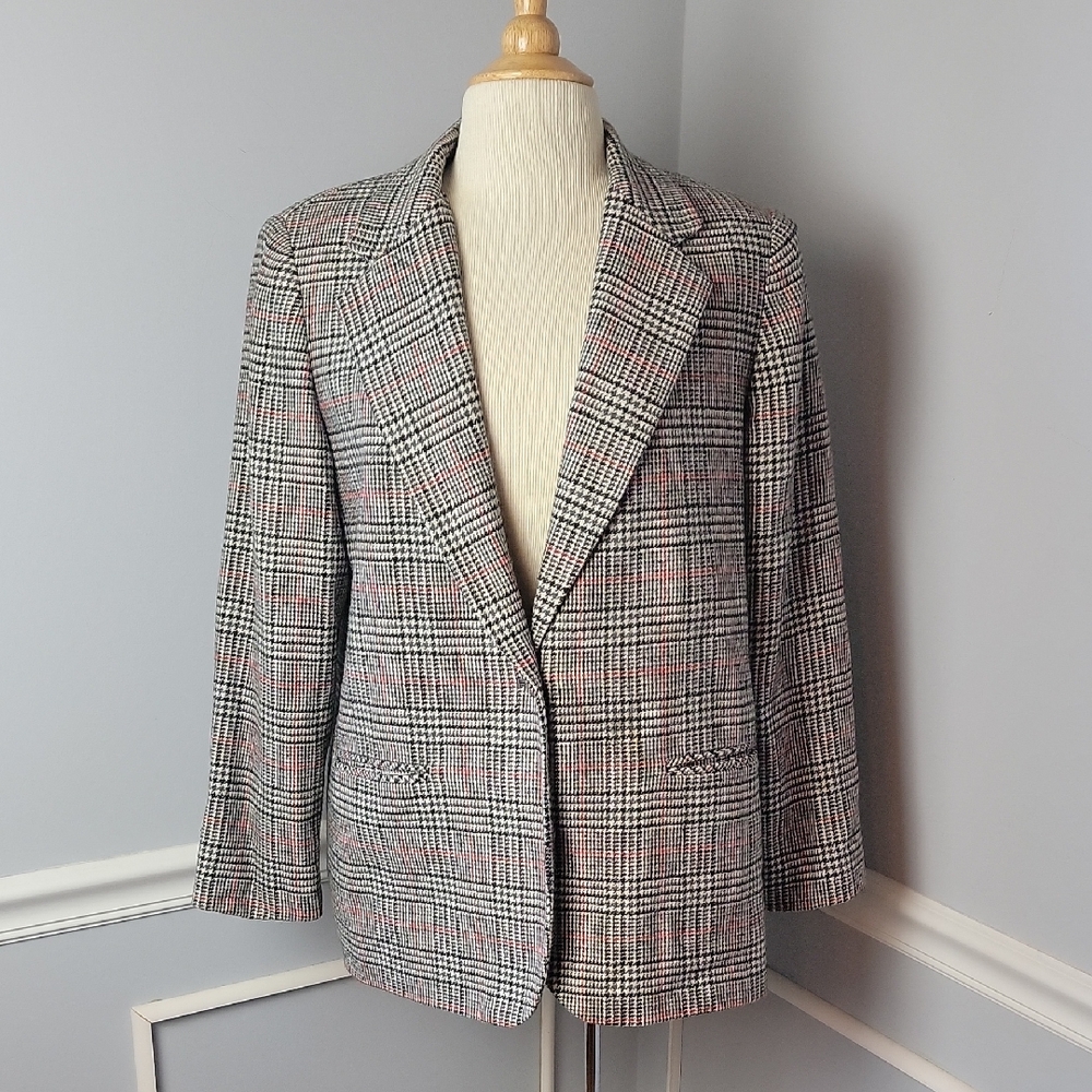 REQUIREMENTS PETITES Gray Houndstooth Glen Plaid Single Button Wool Blend Blazer